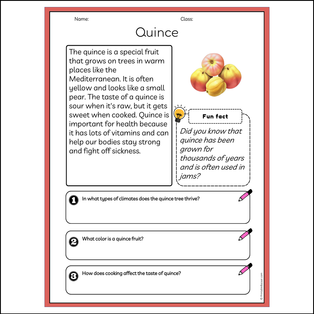 Quince | Reading Passage Comprehension Questions Writing Facts Worksheet