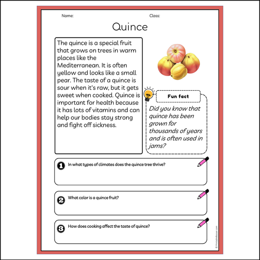 Quince | Reading Passage Comprehension Questions Writing Facts Worksheet