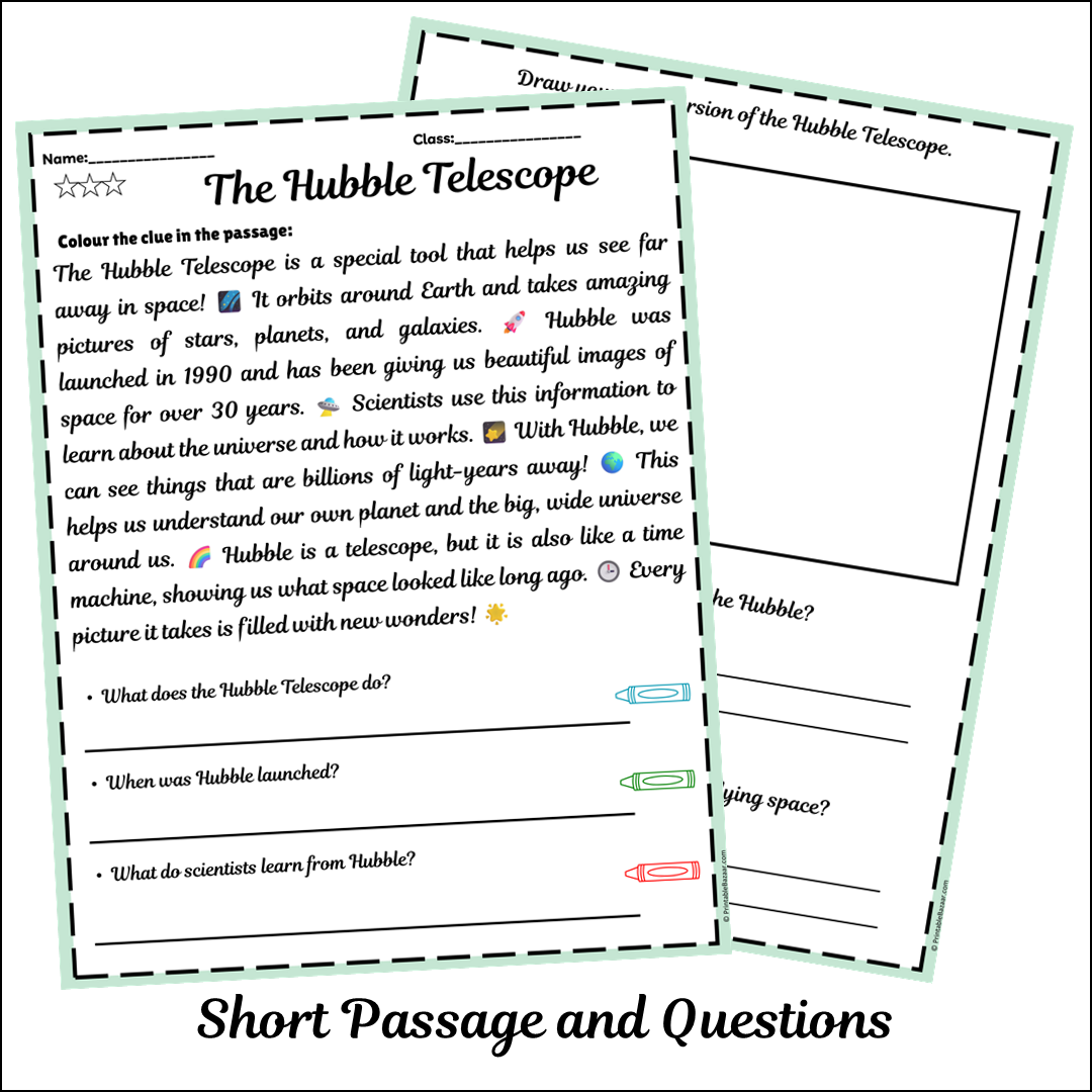 The Hubble Telescope | Short Reading Comprehension Creative Worksheet