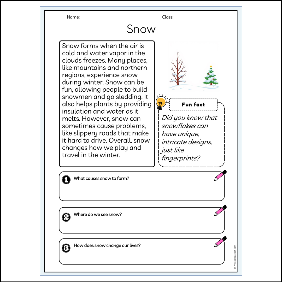 Snow | Reading Passage Comprehension Questions Writing Facts Worksheet