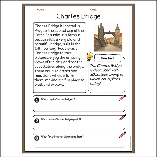 Charles Bridge | Reading Passage Comprehension Questions Writing Facts Worksheet