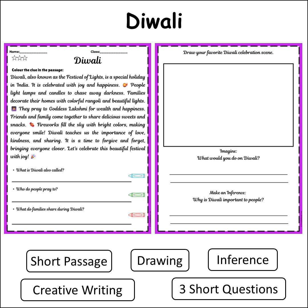 Diwali | Short Reading Comprehension Creative Worksheet