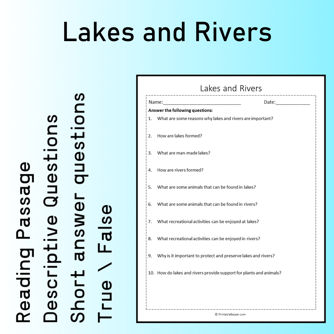 Lakes and Rivers | Reading Comprehension Passage Printable Worksheet