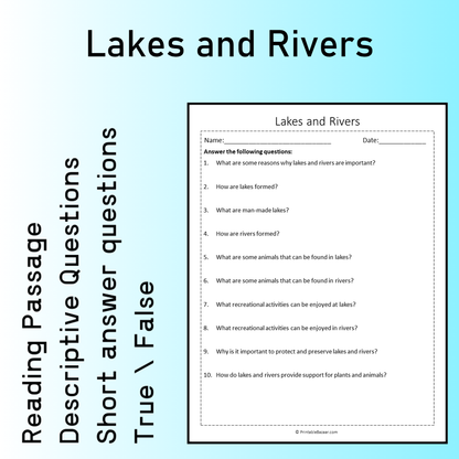 Lakes and Rivers | Reading Comprehension Passage Printable Worksheet