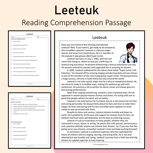 Leeteuk | Reading Comprehension Passage Printable Activity