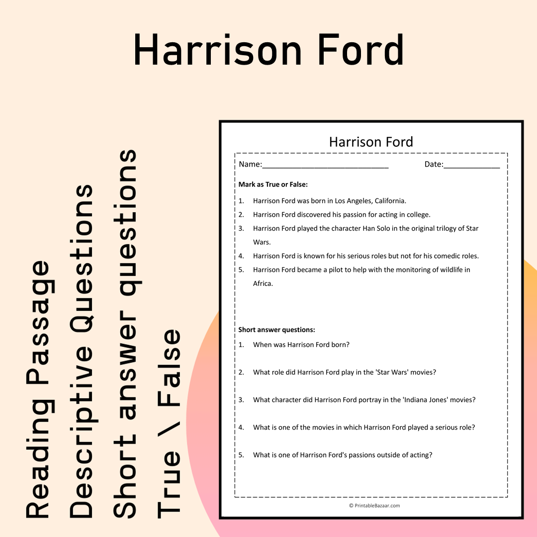 Harrison Ford | Reading Comprehension Passage Printable Activity