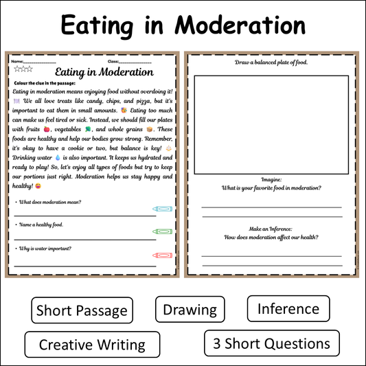 Eating in Moderation | Short Reading Comprehension Creative Worksheet