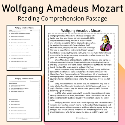 Wolfgang Amadeus Mozart | Reading Comprehension Passage Printable Activity