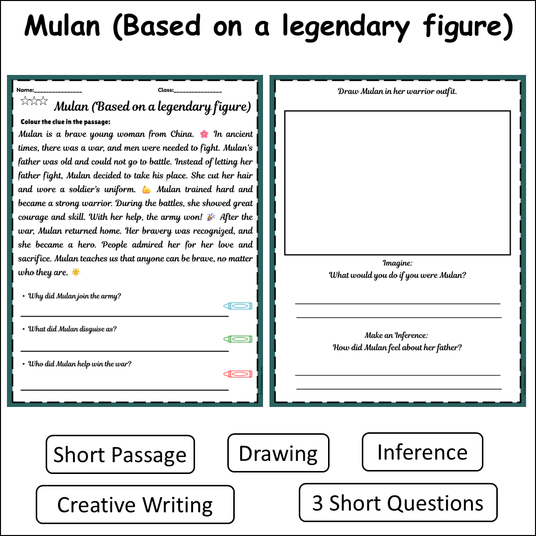 Mulan (Based on a legendary figure) | Short Reading Comprehension Creative Worksheet