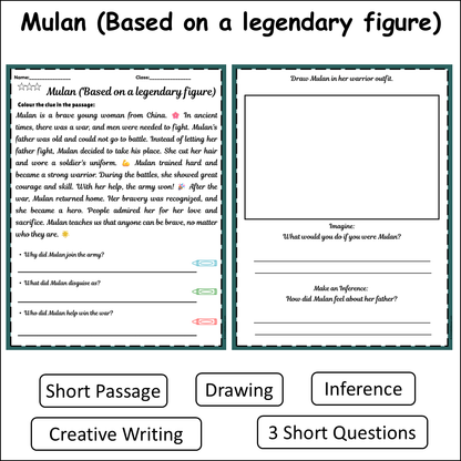 Mulan (Based on a legendary figure) | Short Reading Comprehension Creative Worksheet