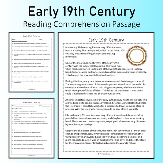 Early 19th Century | Reading Comprehension Passage Printable Worksheet