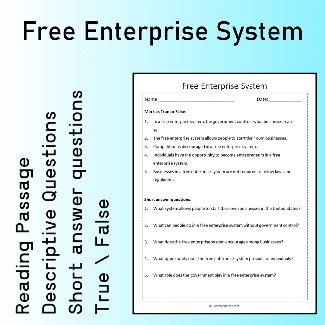 Free Enterprise System | Reading Comprehension Passage Printable Worksheet