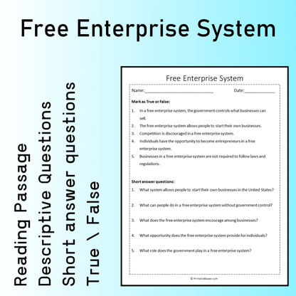 Free Enterprise System | Reading Comprehension Passage Printable Worksheet