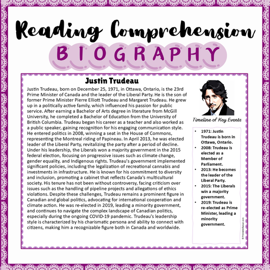 Justin Trudeau | Biography Reading Comprehension and Questions Worksheet