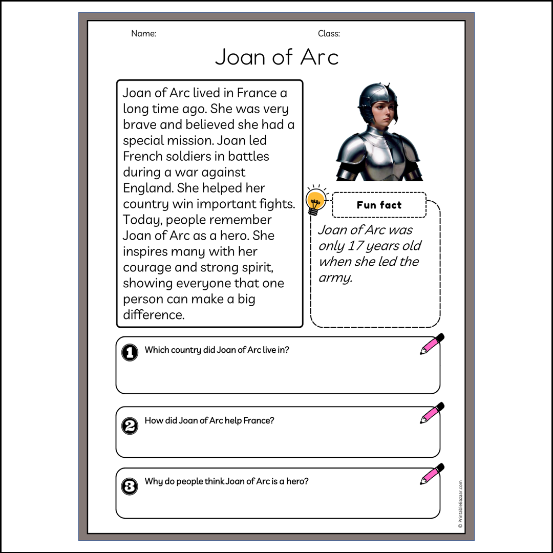 Joan of Arc | Reading Passage Comprehension Questions Writing Facts Worksheet