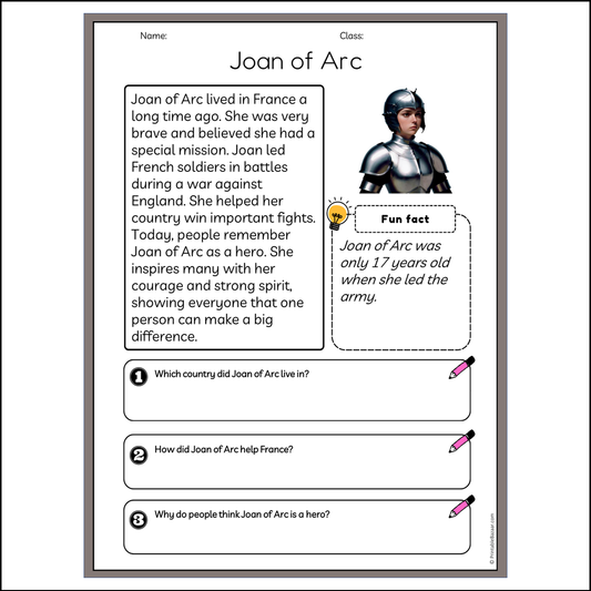 Joan of Arc | Reading Passage Comprehension Questions Writing Facts Worksheet