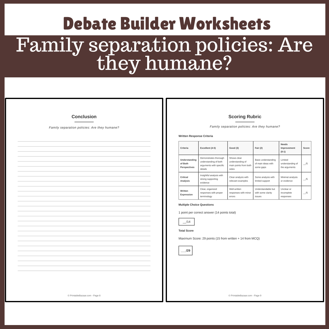 Family separation policies: Are they humane? | Favour and Against Worksheet Printable Activity