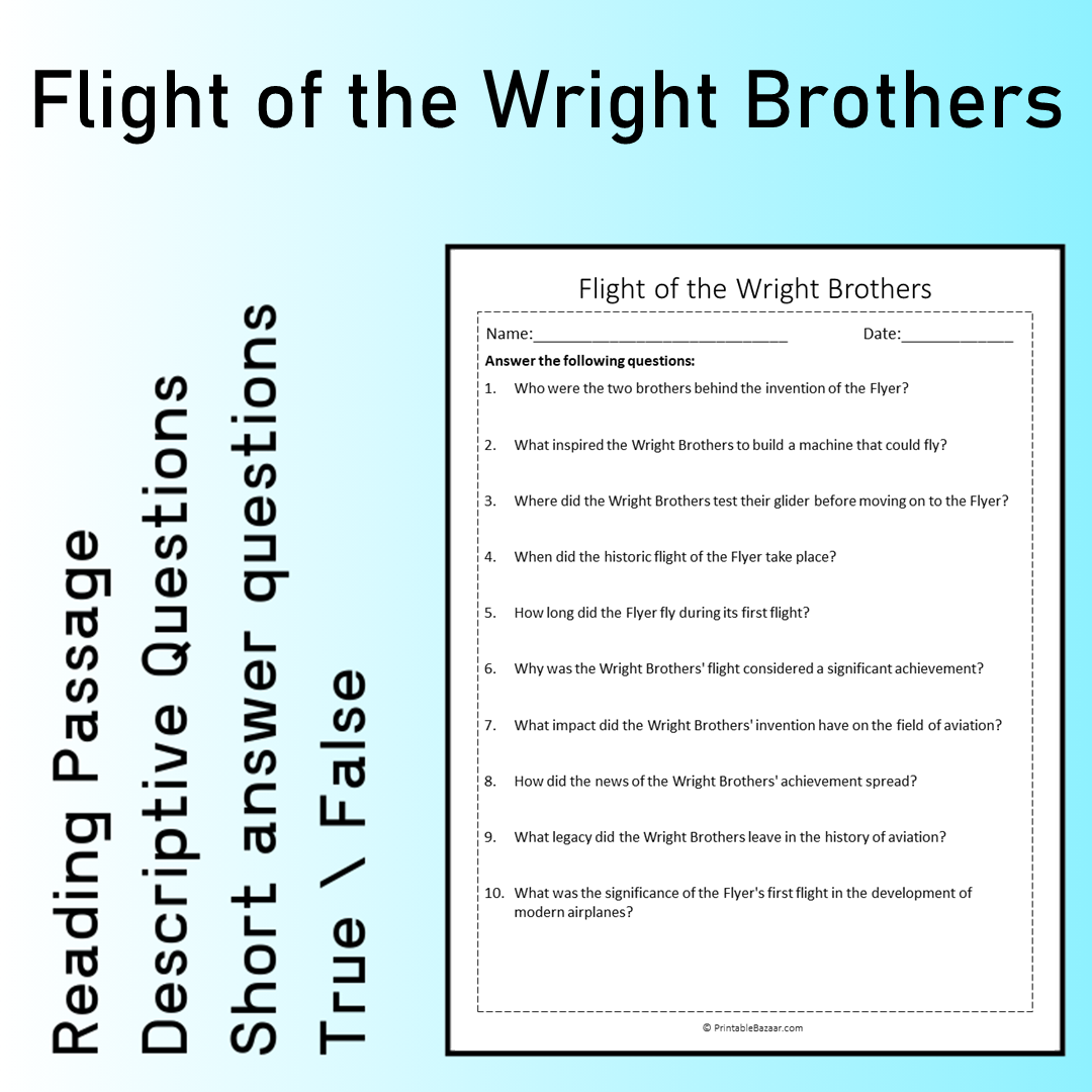 Flight of the Wright Brothers | Reading Comprehension Passage Printable Worksheet