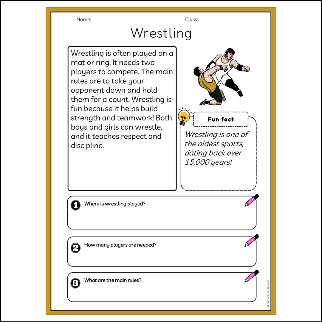 Wrestling | Reading Passage Comprehension Questions Writing Facts Worksheet