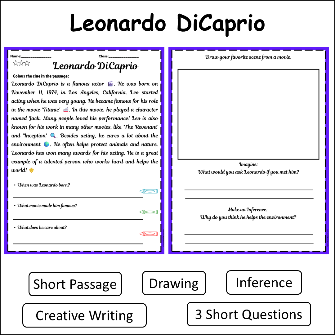 Leonardo DiCaprio | Short Reading Comprehension Creative Worksheet