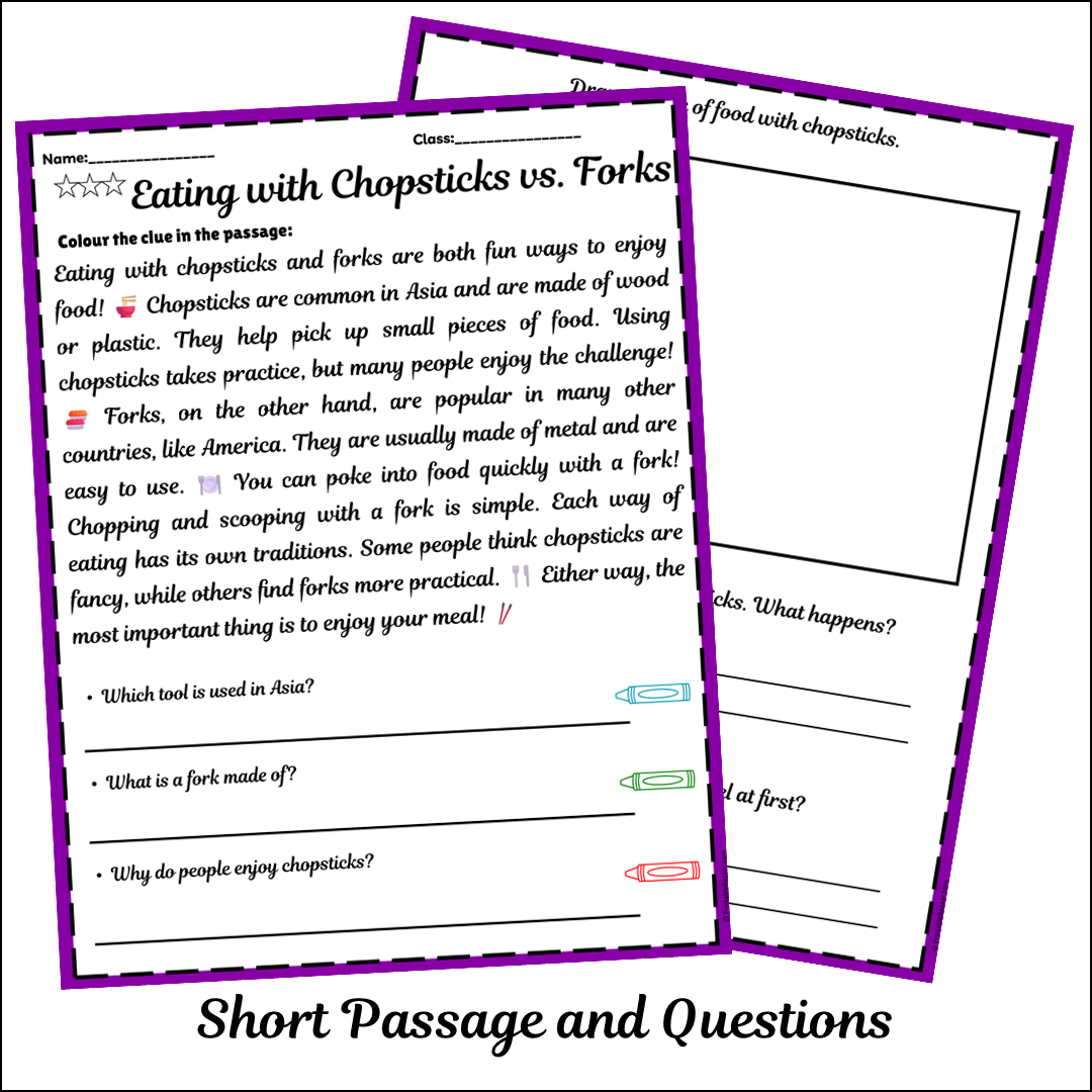 Eating with Chopsticks vs. Forks | Short Reading Comprehension Creative Worksheet