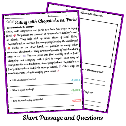 Eating with Chopsticks vs. Forks | Short Reading Comprehension Creative Worksheet