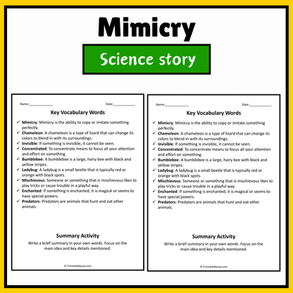 Mimicry | Science Story Reading Comprehension Activity