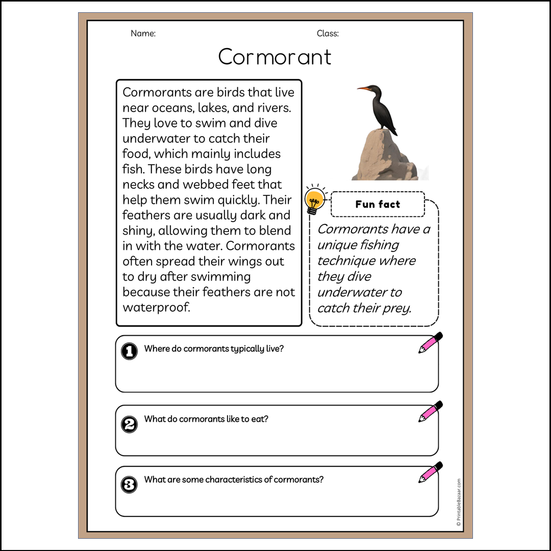 Cormorant | Reading Passage Comprehension Questions Writing Facts Worksheet