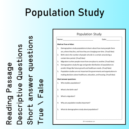 Population Study | Reading Comprehension Passage Printable Worksheet