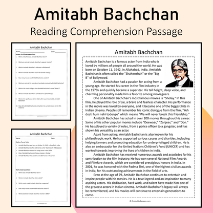 Amitabh Bachchan | Reading Comprehension Passage Printable Activity