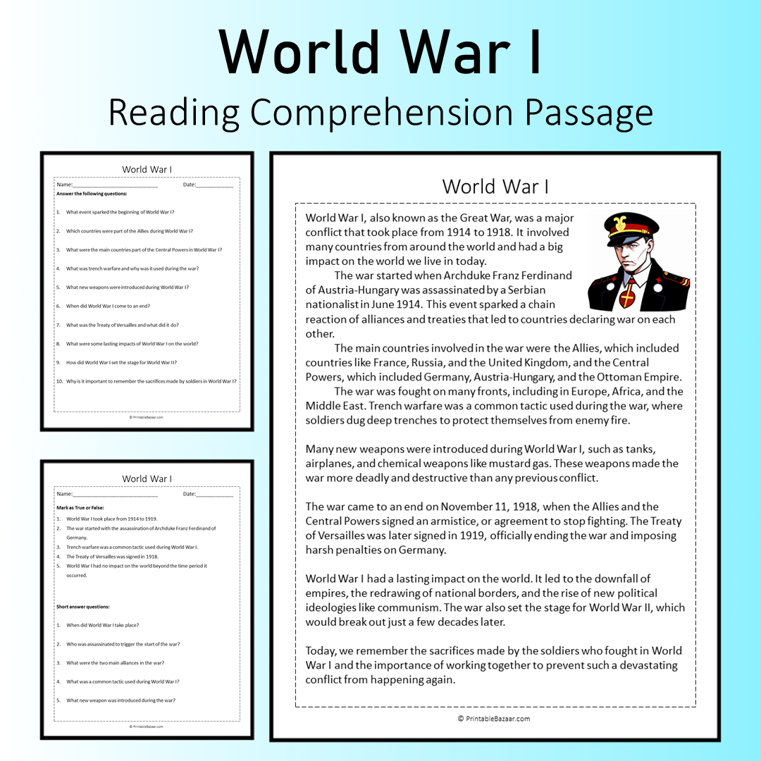 World War I | Reading Comprehension Passage Printable Worksheet