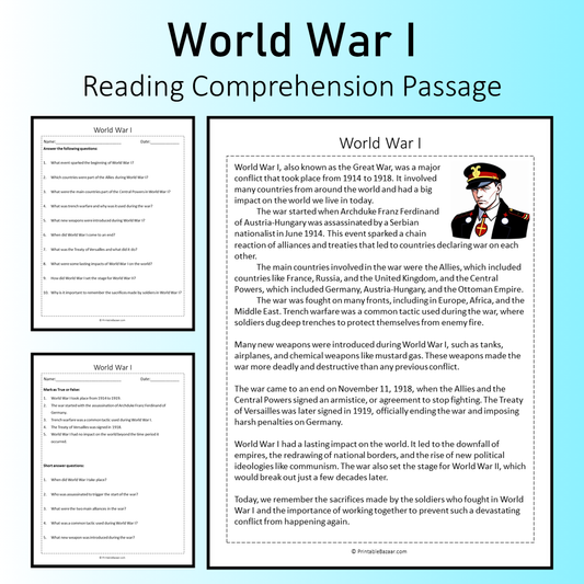 World War I | Reading Comprehension Passage Printable Worksheet