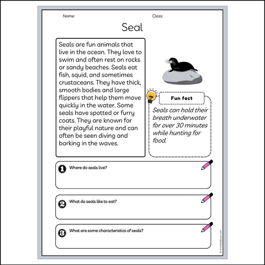 Seal | Reading Passage Comprehension Questions Writing Facts Worksheet