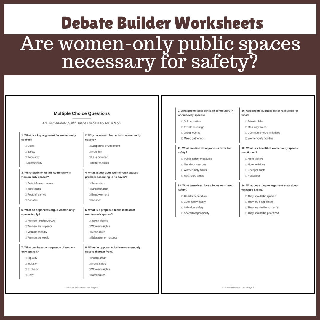 Are women-only public spaces necessary for safety? | Favour and Against Worksheet Printable Activity