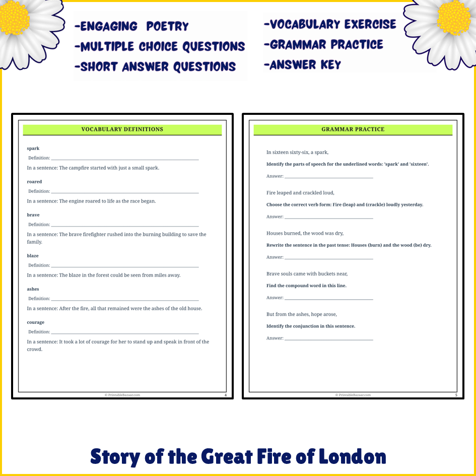 Story of the Great Fire of London | Poem Grammar Worksheet Printable Activity