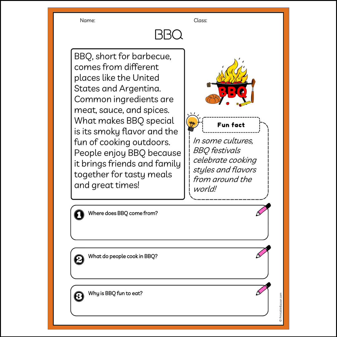 BBQ | Reading Passage Comprehension Questions Writing Facts Worksheet