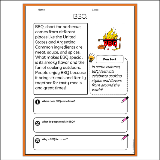 BBQ | Reading Passage Comprehension Questions Writing Facts Worksheet