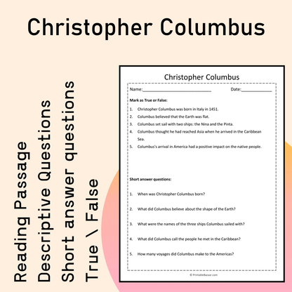 Christopher Columbus | Reading Comprehension Passage Printable Activity