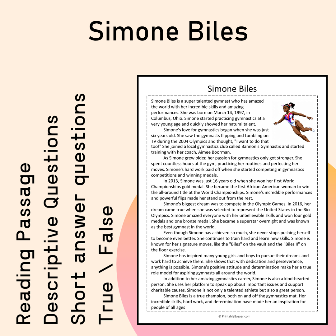Simone Biles | Reading Comprehension Passage Printable Activity