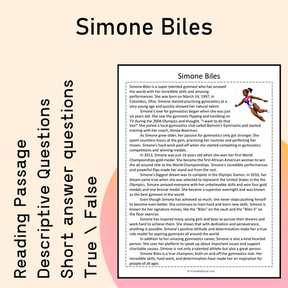 Simone Biles | Reading Comprehension Passage Printable Activity