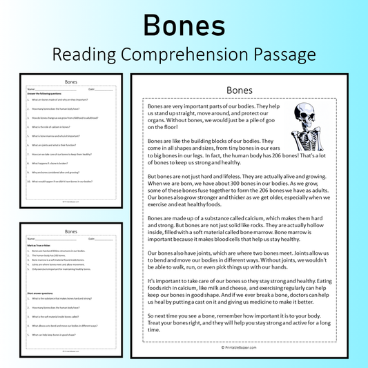 Bones | Reading Comprehension Passage Printable Worksheet