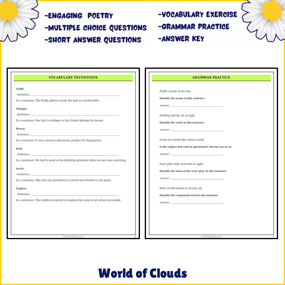 World of Clouds | Poem Grammar Worksheet Printable Activity