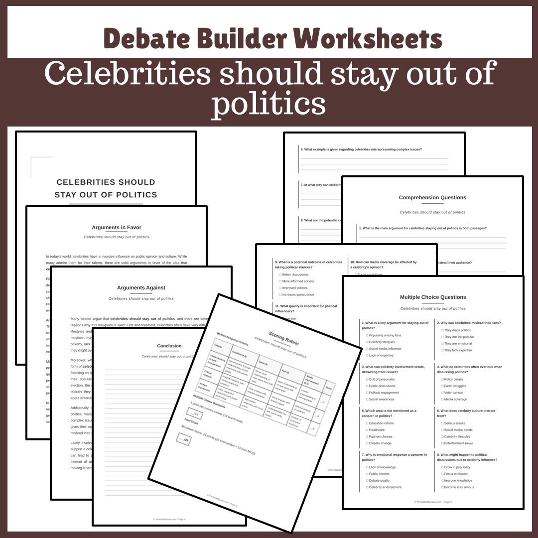Celebrities should stay out of politics | Favour and Against Worksheet Printable Activity