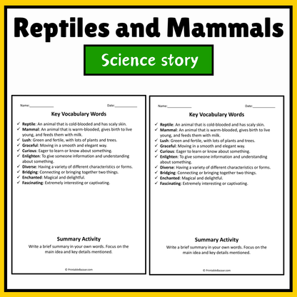 Reptiles and Mammals | Science Story Reading Comprehension Activity