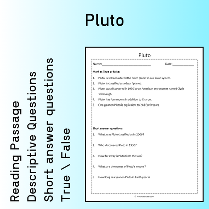Pluto | Reading Comprehension Passage Printable Worksheet