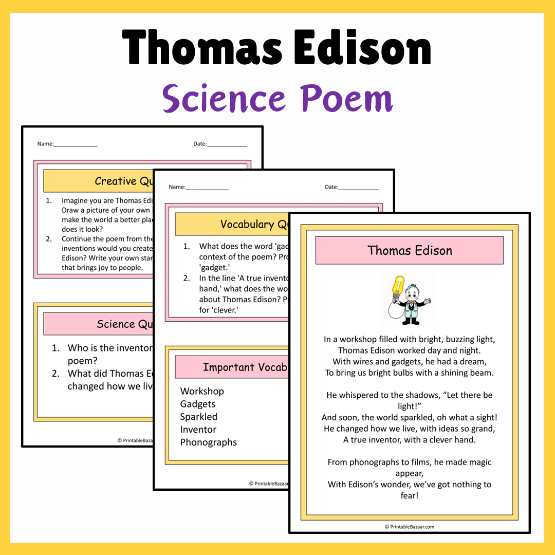 Thomas Edison | Science Poem Reading Comprehension Activity