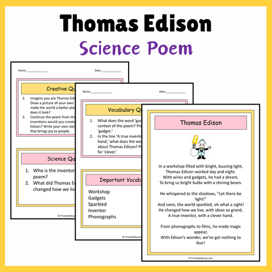 Thomas Edison | Science Poem Reading Comprehension Activity