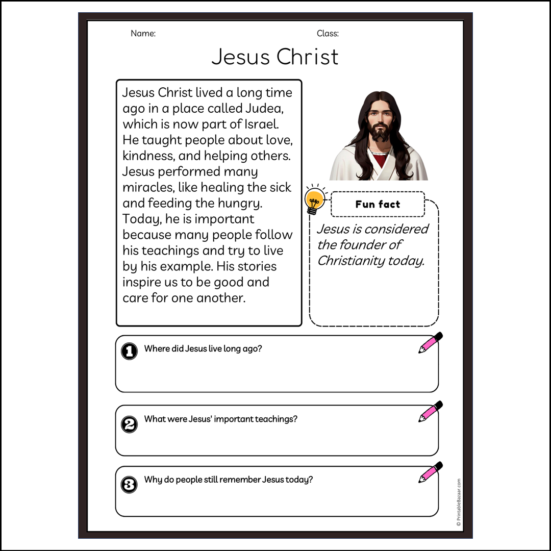 Jesus Christ | Reading Passage Comprehension Questions Writing Facts Worksheet