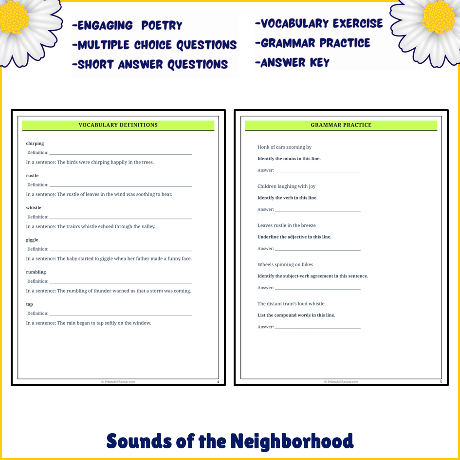 Sounds of the Neighborhood | Poem Grammar Worksheet Printable Activity