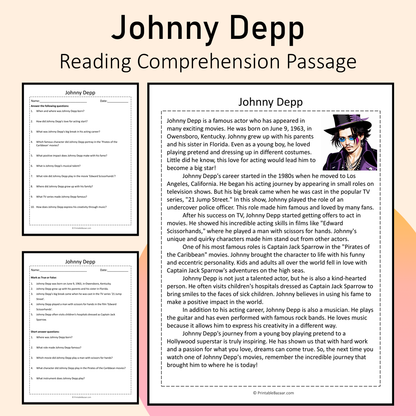 Johnny Depp | Reading Comprehension Passage Printable Activity